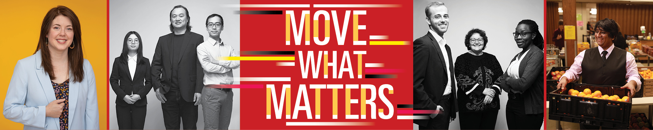 Move What Matters logo within photo collage of four images. A portrait of Assistant Professor of Chemistry Robbyn Anand, a group shot of Professor Lie Tang and his two graduate researchers who make up Team Rover, a group photo of Global Professor Gail Nonnecke with her two students and a final photo of researcher Sugam Sharma.