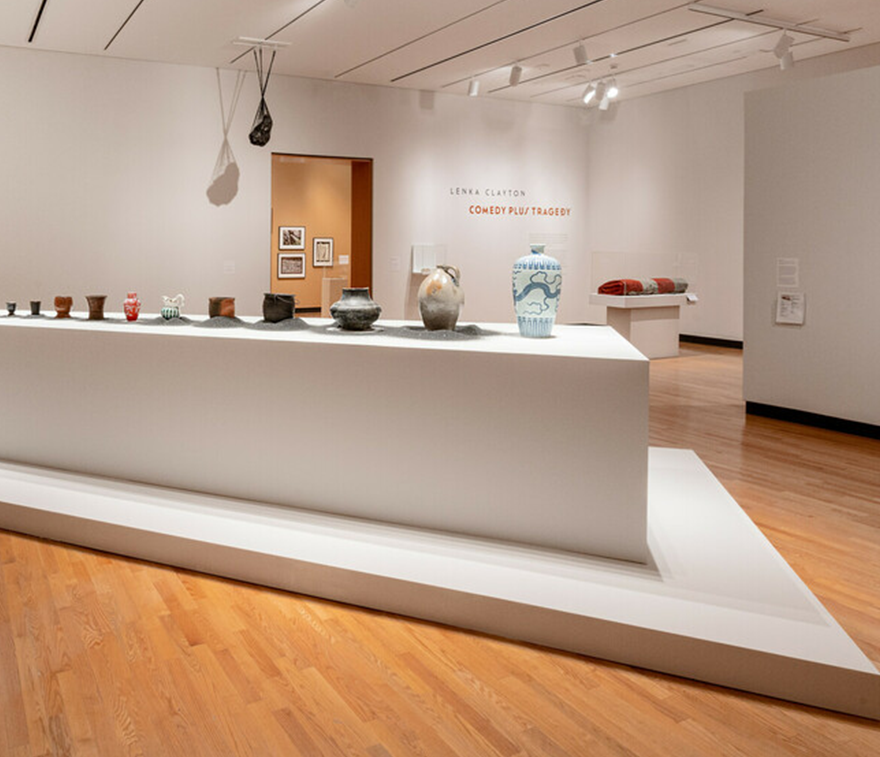 Image of Mount Holyoke College Art Museum gallery, featuring exhibition 'Lenka Clayton: Comedy Plus Tragedy'